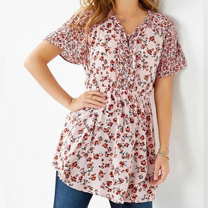Maurices Tunic Babydoll Top Pink Ditsy Floral Print Lace-up Front Medium Women’s